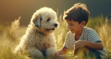 ai generado un pequeño chico obras de teatro con su perro foto