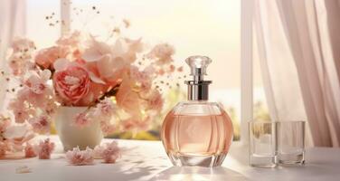 AI generated a large perfume bottle and pink flowers are presented in this photograph photo