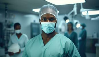 ai generado un masculino médico en un quirúrgico uniforme con un ayudante en el antecedentes foto