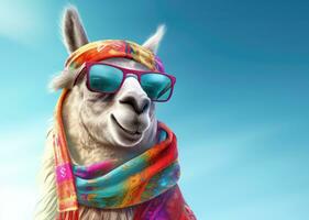 AI generated a llama dressed up in bright colored sunglasses and a scarf photo