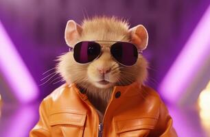 AI generated a hamster is wearing a leather jacket and sunglasses photo