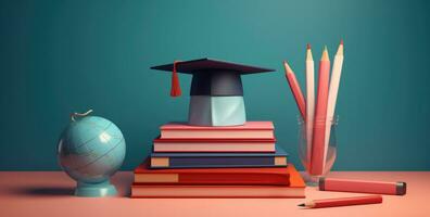 AI generated a diploma, books, and a cap stacked on top of them photo