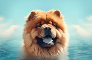 AI generated a chow chow is looking at some water on a green background photo