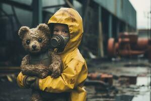 ai generado un niño vistiendo protector engranaje que lleva un oso foto