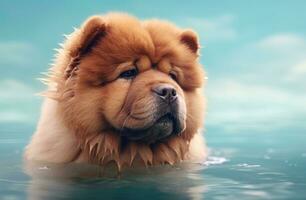 AI generated a chow chow is looking at some water on a green background photo