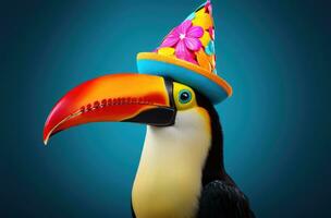 ai generado un vistoso tucán vistiendo un cumpleaños sombrero foto