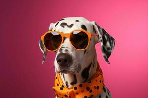 AI generated a dalmatian is wearing sunglasses and a pink and orange suit photo