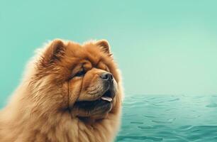 AI generated a chow chow is looking at some water on a green background photo