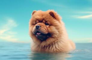 AI generated a chow chow is looking at some water on a green background photo