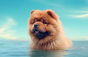 AI generated a chow chow is looking at some water on a green background photo