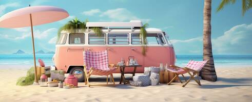 AI generated a camper van on a beach with beach towels, chairs and a cooler photo