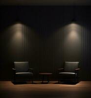 AI generated a dark room with 2 black chairs photo