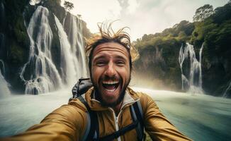 ai generado un chico tomando un selfie en frente de el cascada foto