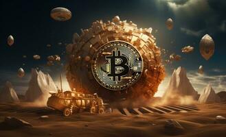 ai generado un bitcoin es comenzando a otoño y un espacio Embarcacion es espinilla foto