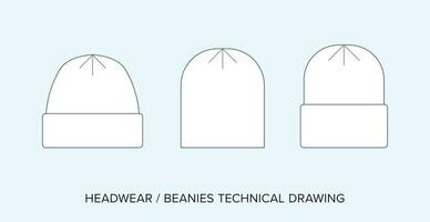 Different Beanies Technical Drawing, Accessory Blueprint for Fashion Designers vector