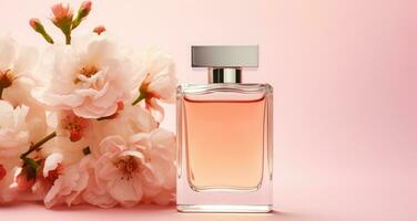 ai generado un botella de perfume con flores en un rosado antecedentes foto