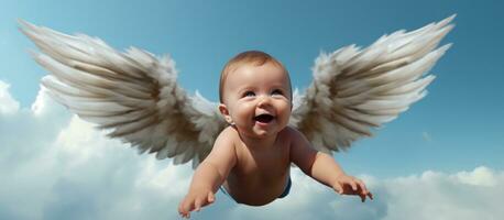 AI generated an infant with wings flying in the sky photo