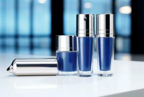 AI generated an exclusive trio of blue cosmetic products, containing a blue cream photo