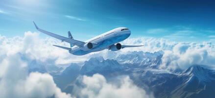 AI generated an airliner in the air above a mountain with clouds photo