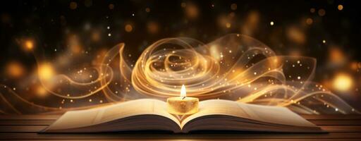 AI generated an open book and candle set on a wooden table with glittering lights photo