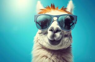 AI generated an llama wearing sunglasses on a blue background photo