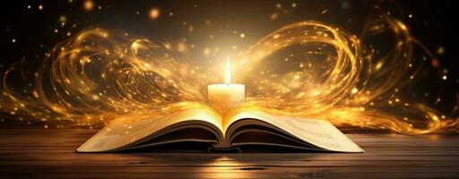 AI generated an open book and candle set on a wooden table with glittering lights photo