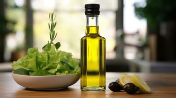 ai generado un aceituna petróleo botella en un de madera tablero y ensalada foto