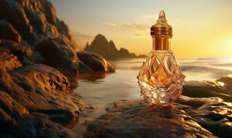 ai generado un opulento dorado botella descansando en un rock a puesta de sol foto
