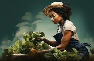 AI generated black woman in gardening gloves plowing plants photo