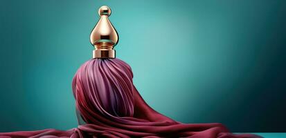 AI generated an elegant perfume bottle on light blue background with pink hair photo