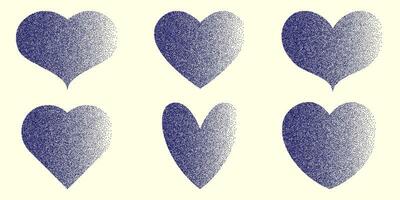 A set of hand drawn hearts with a gradient and grain effect inside. Vector illustration of stickers for retro collages.