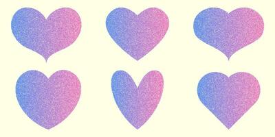 A set of hand drawn hearts with a gradient and grain effect inside. Vector illustration of stickers for retro collages.