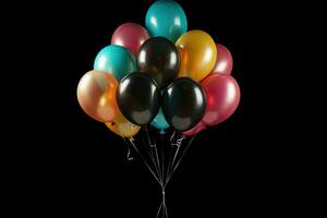 AI generated Colorful balloons bunch. celebrate decoration icon multicolored. 3d rendering, isolated on black background Ai generated photo
