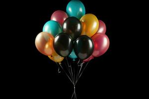 ai generado vistoso globos racimo. celebrar decoración icono multicolor. 3d representación, aislado en negro antecedentes ai generado foto