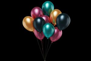 AI generated Colorful balloons bunch. celebrate decoration icon multicolored. 3d rendering, isolated on black background Ai generated photo