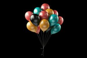 ai generado vistoso globos racimo. celebrar decoración icono multicolor. 3d representación, aislado en negro antecedentes ai generado foto