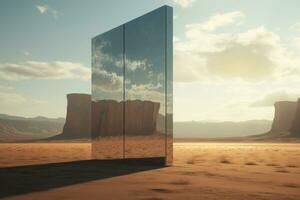 AI generated Desert landscape with mirror portal. Travel to fantasy world photo