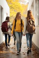 AI generated A picture of Two young female students walking in the corridor of university with backpacks Generative AI photo