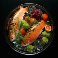 AI generated High Detail Image of Golden Fish in Glass with Leaves and Water Generative AI photo