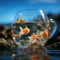 AI generated Realistic Fish in Glass Bowl with High Detail, Water, and Plants Photo Generative AI