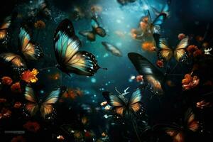 AI generated Beautiful Butterflies, Dreamy fantasy magical butterflies, soft light colors wings, Ai Generated photo