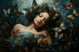 AI generated Beautiful Butterflies girl, Dreamy fantasy magical butterflies, soft light colors wings, Ai Generated photo