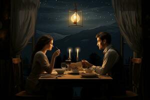 AI generated Happy young couple in candle night dinner having romantic dinner at home, woman making present surprise on candle light date Ai generated photo