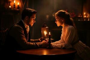 AI generated Happy young couple in candle night dinner having romantic dinner at home, woman making present surprise on candle light date Ai generated photo