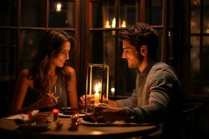 AI generated Happy young couple in candle night dinner having romantic dinner at home, woman making present surprise on candle light date Ai generated photo