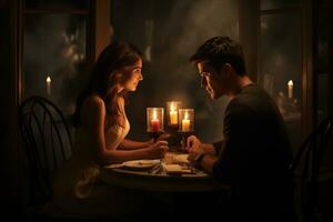 AI generated Happy young couple in candle night dinner having romantic dinner at home, woman making present surprise on candle light date Ai generated photo