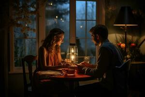 AI generated Happy young couple in candle night dinner having romantic dinner at home, woman making present surprise on candle light date Ai generated photo