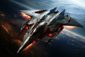 AI generated Fighter aircraft fighting, Jet fighter flying above the clouds Ai generated photo