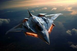AI generated Fighter aircraft fighting, Jet fighter flying above the clouds Ai generated photo