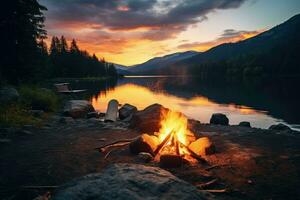 AI generated Lake side campfire with wood burning in a scenic setting during the sunset. in golden light Ai Generate photo